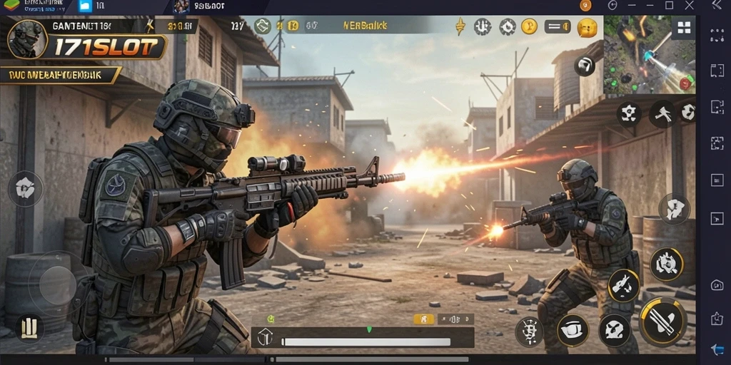 Screenshot gameplay menunjukkan aksi tembak-menembak mendebarkan di 171SLOT.