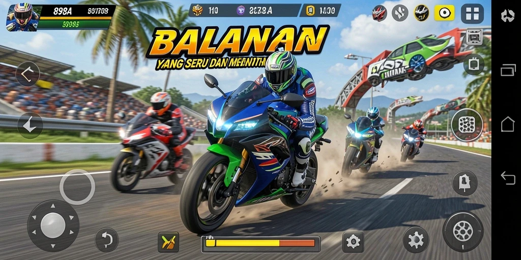 Screenshot gameplay 898A menampilkan balapan motor yang seru dan menantang.