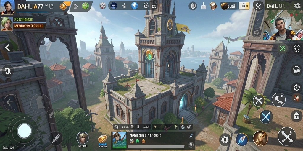 Screenshot gameplay DAHLIA77 menunjukkan menara dan musuh yang berinteraksi.