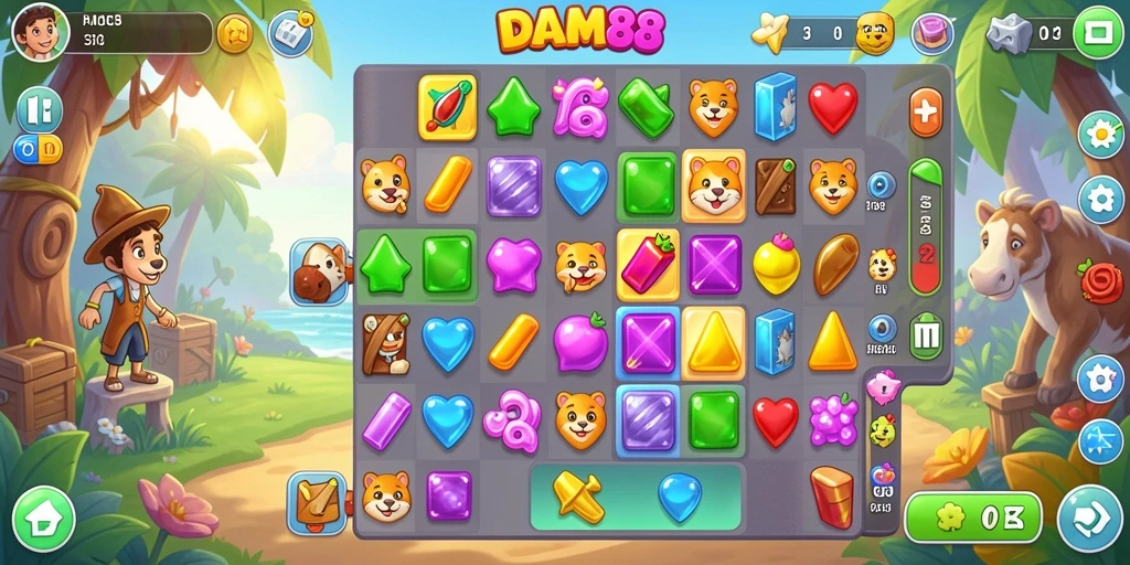 Screenshot gameplay DAM88 menunjukkan kombinasi warna-warni di level Match-3.