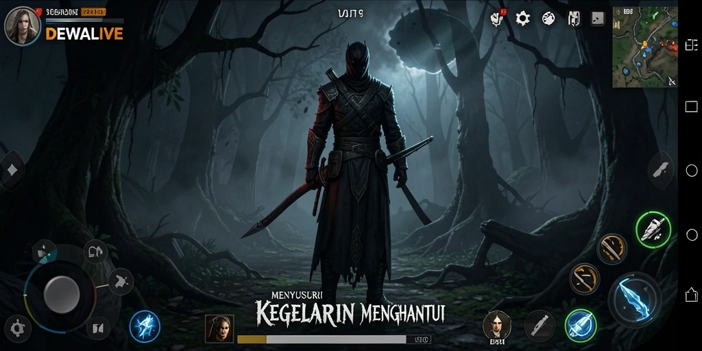 Screenshot gameplay DEWALIVE menunjukkan momen mencekam dalam suasana horor.