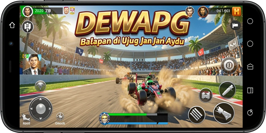 Screenshot gameplay DEWAPG yang menampilkan balapan mendebarkan di trek menantang.