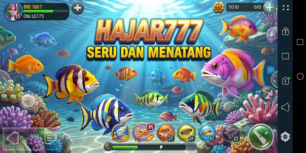 Tampilan gameplay seru HAJAR777 saat menembak ikan.